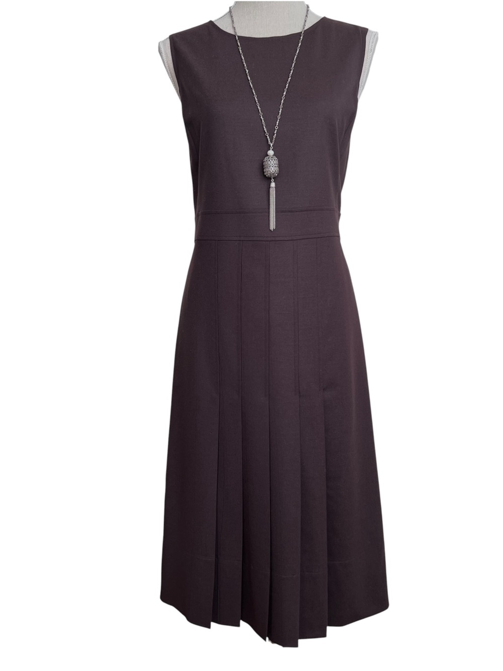 Vintage Barneys New York Espresso Brown Virgin Wool Pleated Jumper Dress Size 10
